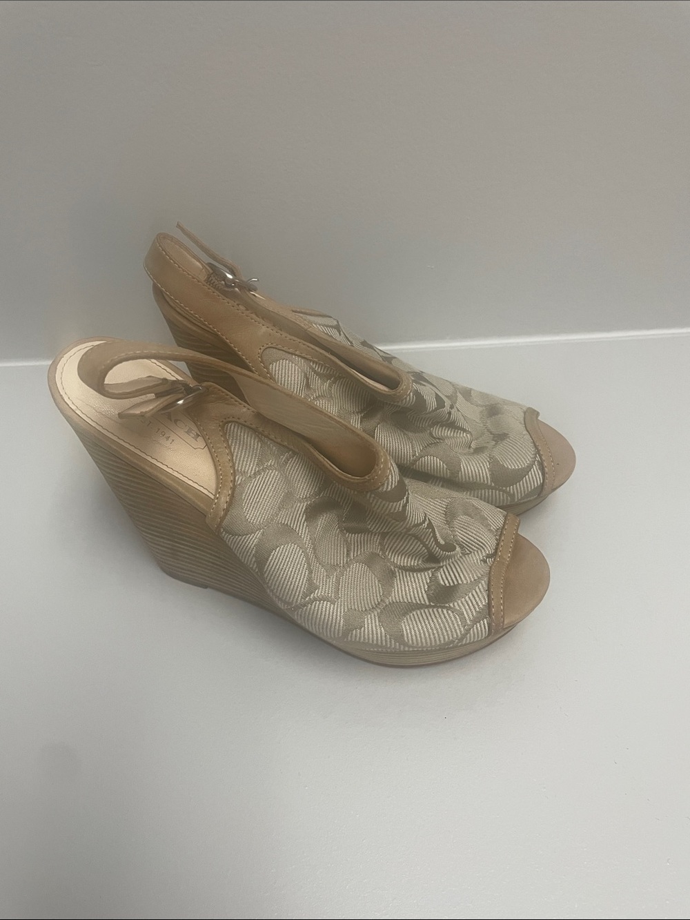 Coach Beige Signature Canvas Wedge Sandals
